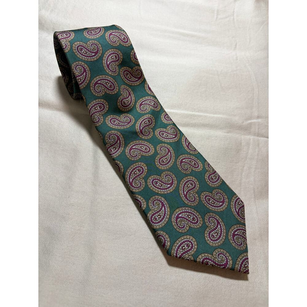 McClures Mens Silk Paisley Tie Teal Green Burgundy Gold Hand Sewn‎ USA Classic - Picture 2 of 2